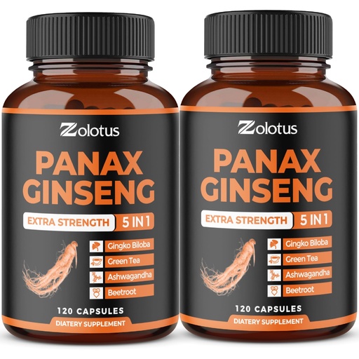 [BRSWYFL4OIPQ2DTD] Zolotus Korean Red Panax Ginseng + Ginkgo Biloba, Ashwagandha, Beetroot, Green Tea - 120 Capsules (Pack of 2)