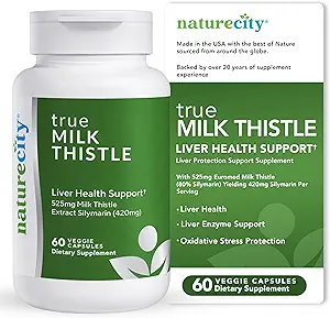 [BRSRMZQ2DMIA4FYZ] NatureCity TrueMilkThistle | Milk Thistle Supplement 525mg | Milk Thistle (80% silymarin) containing 420mg of Silymarin | Antioxidant Support | Liver Support Supplement | 60 Veggie Capsules