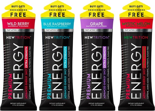 [BRSROZALA4HGYYL7] NewTrition® Extra Strength Energy Shots, 250mg Caffeine Energy with Vitamin B ' Amino Acids, Sugar-Free Vitamin Energy Shot, Zero Calorie Focus " Stamina Booster, 1.7 fl oz (Pack of 4, 4 Flavors-Mixed-1)