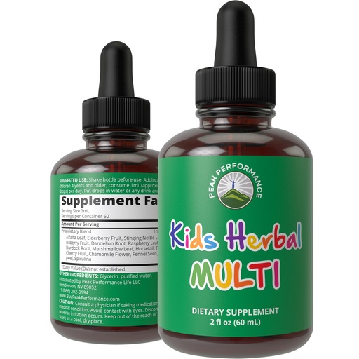 [BRSRMY34CMFAI3L2] Peak Performance Kids Vitamins from Herbs - Liquid Kids Herbal Multivitamin - Sugar Free 14-in-1 Vegan Supplement Drops for Toddlers, Children, Teens - No Taste When Mixed with Water - 2 fl oz