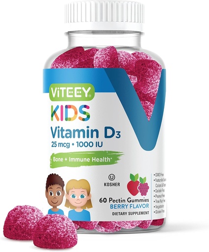 [BRSW2CT6AVYWC3TZ] Viteey Vitamina D3 Niño Gummies 25mcg 1000 UI - Bone Health, Immune Health, Joint Muscle Support - Vegetarian, Gelatin Free, Gluten Free, GMO Free - Tasty Chewable Berry Flavored