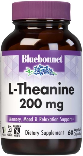 [BRSWIYYPDMOG2EQ7] Bluebonnet Nutrición L-Theanine 200mg, Aminoácido de formo libre, promove a relaxación*, Soy-Free, Gluten-Free, Non-GMO, Kosher Certified, Vegan, 60 cápsulas vexetais, 60 porcións