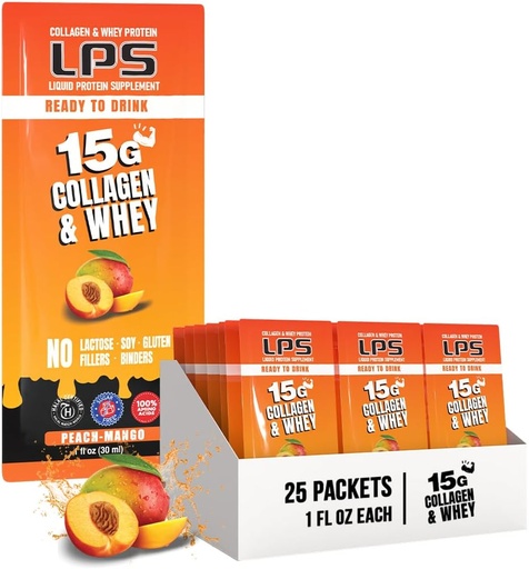 [BRSWYGQ2BYCB4FDO] LPS Liquid Collagen & Whey Protein Supplement - Non-GMO Drink, Sugar-Free - Promotes Healthy Skin & Hair for Men & Women, Peach Mango, Single Serve (25 Packets)