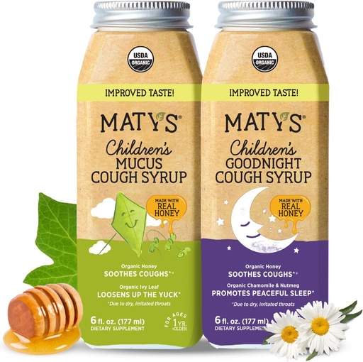 [BRSRMBIPBEJQYAYZ] Matys Organic Kids Cough Syrup Mucus & Nighttime Value Pack for Children 1 Year + Up, Soothing All-in-One Cough and Mucus Relief w/Zinc & Organic Ivy Leaf, Melatonin & Dye Free, 2 Pack, 6 Fl Oz Each