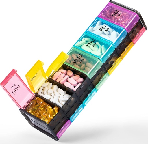 [BRSRMFD7OIBWEH3B] Extra Large Weekly Pill 주최자 2 Times Day - Betife 7 Day Pill Box, AM PM Pill Case with Double Layer Jumbo Compartment for Pills, 비타민, 생선 기름, 보충제 (Rainbow)