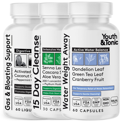 [BRSWYEIOPIBRM3I3] Youth & Tonic Belly Bloating Relief 3PK for Water, Gut & Gas Debloating - Water Retention & Anti-Bloat Pills with Gentle Cleanse, Occasional Constipation & Stomach Support, Halal | 150 Capsules
