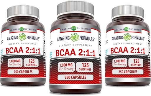[BRSRAHA3CMMRGHLF] Amazing Formulas BCAA 2:1:1 1000 Mg Per Serving | Capsules | Branched Chain Amino Acids Supplement | Non-GMO | Gluten-Free | Made in USA (3 Pack, 250 Count)