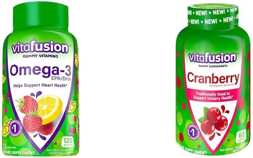 [BRSRAY33O4ORM3DJ] Vitafusion Omega-3 Heart Health Gummy Vitamins with Cranberry Gummies for Women, 120 Count Omega 3 EPA/DHA Berry Lemonade and 60 Count 500mg Cranberry Juice Concentrate per Serving