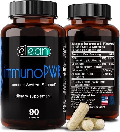 [BRSRMCQCCN6RQADF] ELEAN Immuno PWR- enriched with Zinc, Selenium, Amino Acid Lysine and Astragalus Root Extract for Collagen Synthesis, Thyroid Health, Mineral Support, Energy and Immune Health 90 Veg Capsules.