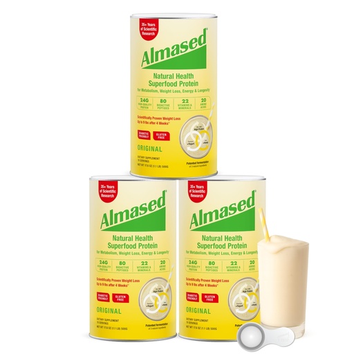 [BRSROZ35A4FRGEQ4] Almased Protein Powder for Weight Loss Kit for Men & Women, Natural Meal Replacement Shake for Weight Loss, Supplement, 27 Grams of Protein Per Serving (Original Flavor, 3 Cans @ 17.6 oz ea + Scoop)