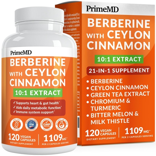 [BRSROGIPBMMAIA33] 21-in-1 Berberine Supplement with Ceylon Cinnamon Capsules - Dihydroberberine with Chromium, Bitter Melon & Green Tea Extract - Berberine with Ceylon Cinnamon for Energy Support (120 Ct) (Pack of 1)