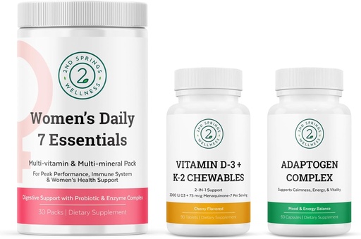 [BRSROEI5AB5AO2DB] Women's Daily 7 Essentials, Vitamin D3 + K2 Chewables & Adaptogen Complex Bundle
