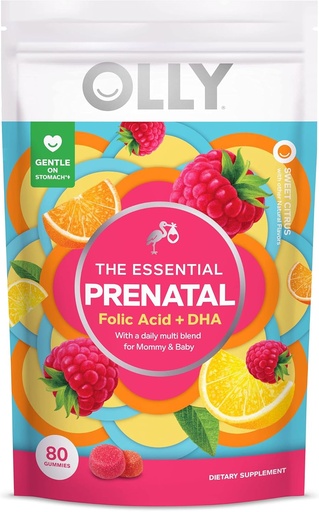 [BRSW2YAFBAJWEH3J] OLLY Prenatal Multivitamin Gummy, Supports Healthy Growth and Brain Development, Folic Acid, Vitamin D, Omega 3 DHA, Chewable Supplement, Citrus Berry Flavor, 40-Day Supply - 80 Count Pouch