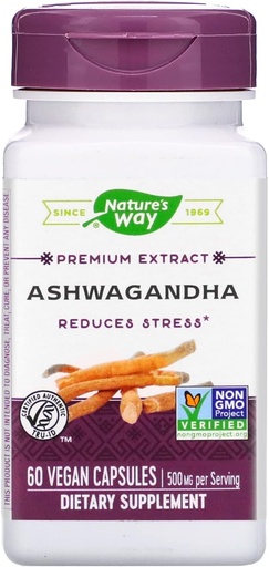 [BRSWIYT3BIARCA3U] Nature's Way Ashwagandha, réduit le stress*, extrait Premium, Adaptogène*, projet non OGM vérifié, végétalien, 60 capsules