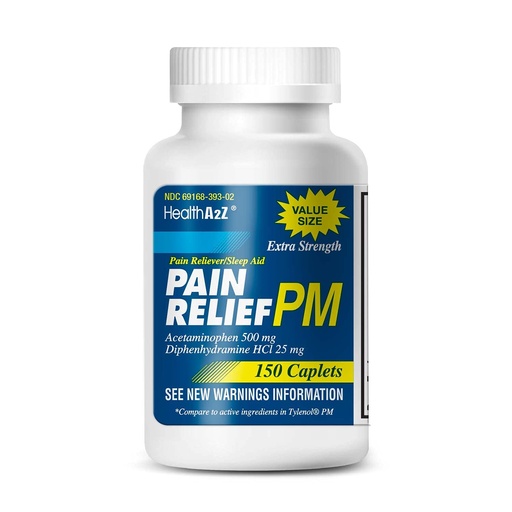[BRSWGYALAEIBUCI7] HealthA2Z® Extra Strength Pain Relief PM | Acetaminophen 500mg | Diphenhydramine HCl 25mg | Pain Reliever & Nighttime Sleep Aid | 150 Caplets