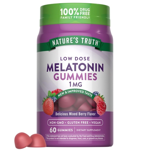 [BRSW2ZIHBVYQYCLX] Nature's Truth Melatonin Gummies | 1mg | 60 Count | Mixed Berry Flavor | Vegan, Non-GMO & Gluten Free Supplement