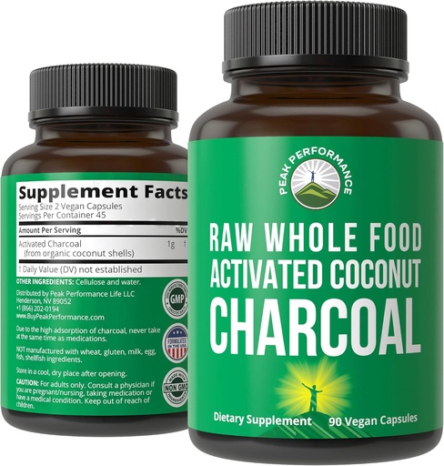 [BRSWGHAOA4AWCG3D] Peak Performance Activated Charcoal Vegan Capsules from Wild Harvested Coconut Shells. Best Safe Charcoal Pills Supplement for Detox, Gas Relief, Bloating. for Men and Women 90 All Natural Tablets