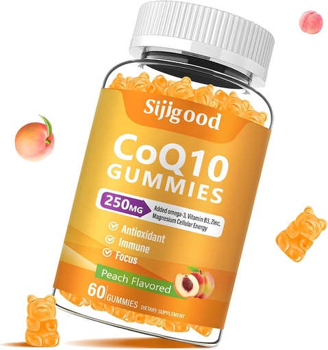 [BRSROCQ5OEOQMCDD] Sugar Free CoQ10 Gummies, Plus Omega-3, Vitamin B3 and Zinc, Magnesium, 5X High Absorption Coenzyme Q10 Supplements, q10 Boost Cellular Energy, Potent Antioxidant & Brain, Peach Flavor, 60 Cts