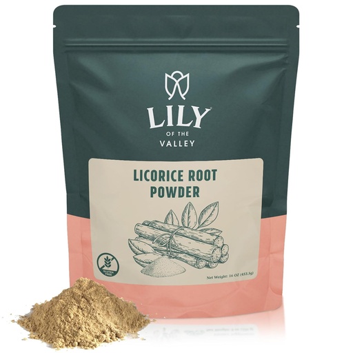 [BRSROAQ3B5YBMHLX] Lys of the Valley Licorice/Liquorice Root Powder - Ground Mulethi Originaire de l'Inde - Adoucisseur naturel - Vegan & sans gluten - emballé dans une poche refermable (16oz, 453g)