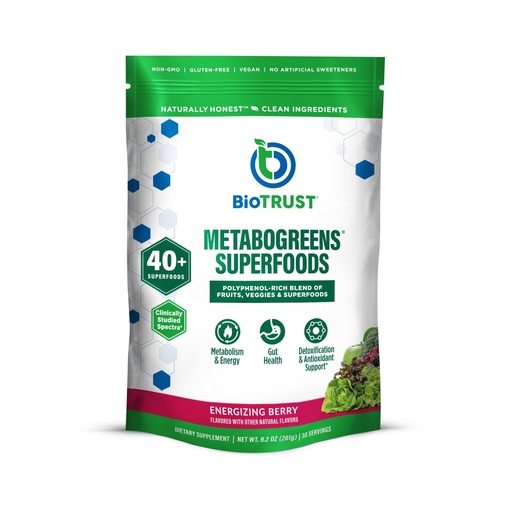 [BRSWGCQOAAOQGCL2] BioTrust Metabo Greens Superfood Powder - Super Greens Powder, Fruit & Veggie Blend with Clinically Studied Spectra - Non GMO, Soy Free, Gluten Free, Dairy Free, Energizing Berry Flavor (30 Servings)