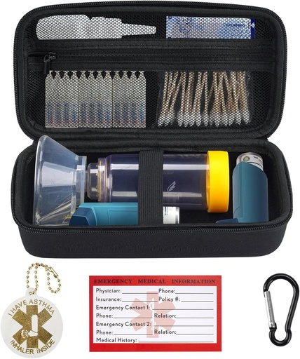 [BRSROCDQOECWYF37] YouKnow Travel Carrying Case for Asthma Inhaler, Inhaler Spacer for Adults and Children, Mask, Inhaler Holder with Asthma Warning Label and Medical Card, with Carabiner (Case Only) (Black)