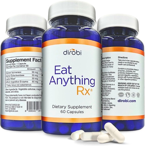 [BRSWEBL4PN6RA2TL] Dirobi Eat Anything Xylose Isomerase Fructose Malabsorption Enzymes, FODMAP Supplement, Digestive Enzymes for Better Lactose, Fat, Protein & Carbohydrate Digestion Gas & Bloating Relief 60 Capsules