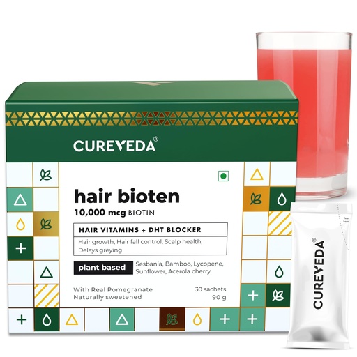 [BRSWYZT2C4MA23IV] Cureveda Hair Bioten Grow Plant Based Biotin 10000 mcg Powder Supplement for Men & Women | Healthy Scalp and Hair Growth, No Added Sugar, Natural Pomegranate Flavour 30 Sachets