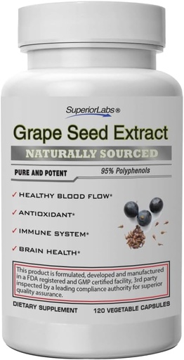 [BRSWYEIECAFAMFLZ] Superior Labs Grape Seed Extract, 400mg, 120 Vegetable Capsules, 95% Polyphenols, High Antioxidant Content, Healthy Blood Flow, Supports Immune System and Brain Health