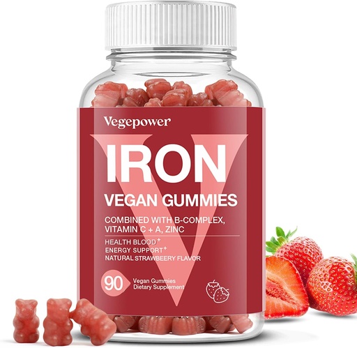 [BRSROCQBCEBREGY3] Iron Gummies Supplements for Women & Kids - Multivitamin med vitamin C för energistöd, Great Tasting Iron Gummy Vitamins med vitamin C för Max Absorption - Vegan, Strawberry 90 Count