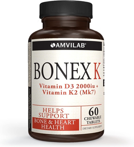 [BRSWGA35OUAQAYDX] Bonex K Supplement|Vitamin D & K Complex|Supports Heart, Bones & Teeth Health|2000IU Vitamin D3 & 75mcg Vitamin K2|Non-GMO|Small & Easy to Swallow|60 Day Supply Chewable Tablets