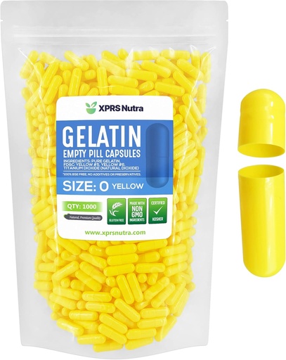 [BRSWGCATBV6Q42A4] XPRS Nutra Størrelse 0 Tomme kapsler - 1000 Tomme Gelatine kapsler - Piller gør det - Pure Bovin Pill Gel Caps til Do- It- Yourself Kosttilskud (gul)