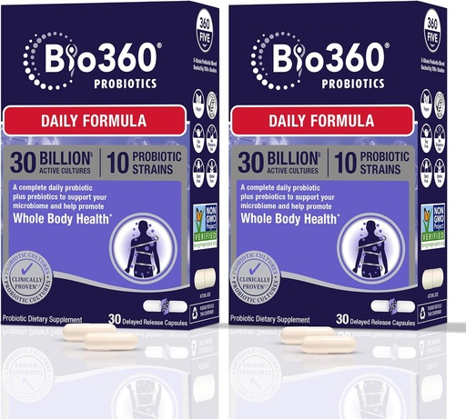 [BRSWYHYLAAIQ22TD] Bio360 Suplemento Probiótico para Hombres, 30 Billones CFU, 10 Strains, Fibras Prebióticas Orgánicas, Salud Digestiva e Inmunitaria, Estreñimiento ocasional, Diarrea &amp; Bloating, 30CT (2 Pack)