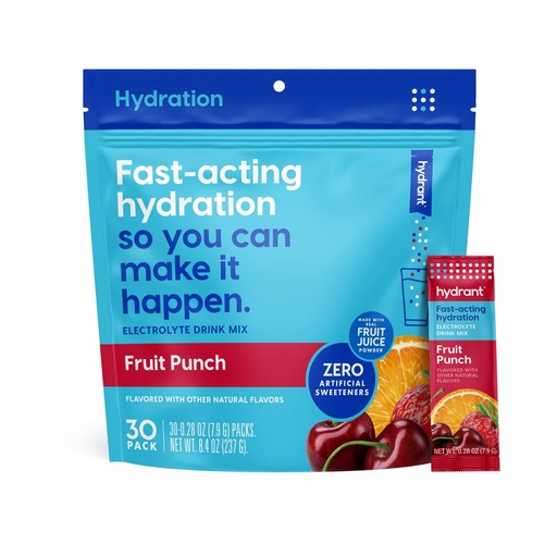 [BRSWYCQEC4OR4C3F] HYDRANT - Hydrate Electrolyte Powder, Fruit Punch Flavor, 30 Rapid Hydration Individual Stick Packs - Low Sugar Drink Mix for Daily Use, Travel & Workouts