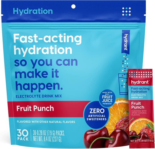 [BRSWYCQEC4OR4C3F] HYDRANT - Hydration Powder, Fruit Punch Flavor, 30 Individual Instant Electrolyte Rehydration Packets - Low Sugar Drink Mix for Daily Use, Travel & Workouts