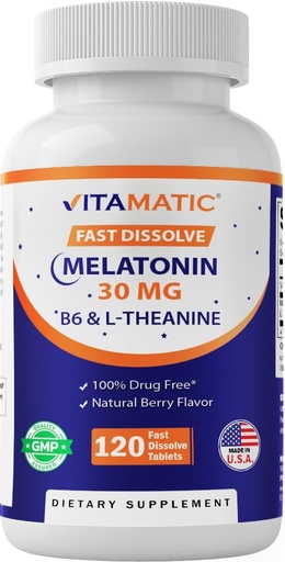 [BRSW2ZYEAQJRO3I3] Vitamatic Melatonin 30 mg - with B6 & L-Theanine - 120 Fast Dissolve Tablets with Natural Berry Flavor (2 Tablets Dose = Melatonin 60 mg) (120 Count (Pack of 1))