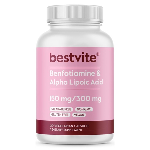 [BRSWGHYEDIHW2FA2] BESTVITE Benfotiamine 150mg / Alpha Lipoic Acid 300mg (120 Vegetarian Capsules) - No Stearates - Vegan - Gluten Free - Non GMO