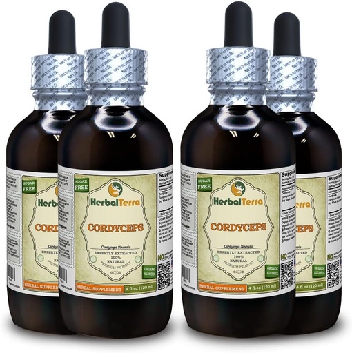 [BRSWGBQLBN6GK3A7] Cordyceps (Cordyceps Sinensis) Tincture, Organic Dried Mushroom Powder Liquid Extract (Brand Name: HerbalTerra, Proudly Made in USA) 4x4 fl.oz (4x120 ml)