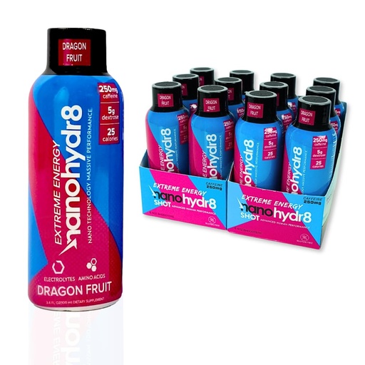 [BRSWYZL7AR4GE2DF] Nanohydr8 Workout Energy Drink with Nanotechnology for Fast Hydration and Electrolyte Recovery, 4 Ounce Shooter, Dragon Fruit Extreme 12 Pack