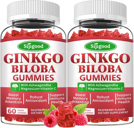 [BRSRAAQTB4JQ43LO] 2 Pack Ginkgo Biloba Gummies with Panax Ginseng and Magnesium, Ginkgo Biloba Supplements for Focus, Memory, and Brain Health for Adults & Kids, Vegan Raspberry Flavor Gummies, 120 Count