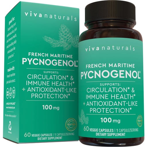 [BRSWKZQYOICGAH3A] Viva Naturals Pycnogenol - 100mg French Maritime Pine Bark Extract – Supports Circulation, Antioxidant-Like Activity, Joints & Immune Health and Function – 60 Veggie Capsules
