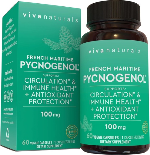 [BRSWKZQYOICGAH3A] Viva Naturals Pycnogenol - 100mg French Maritime Pine Bark Extract – Supports Circulation, Antioxidant-Like Activity, Joints & Immune Health and Function – 60 Veggie Capsules