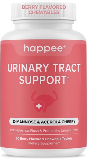 [BRSRM2YKBABRMHLF] Happee Urinary Tract Health Supplement for Women & Men – Fast-Acting UTI Relief and Prevention, 500mg D-Mannose & Antioxidants, Supports Kidney and Bladder Health, Berry Flavor, 60 Chewables
