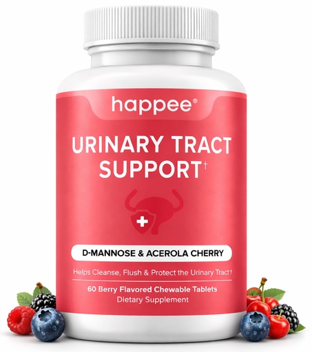 [BRSRM2YKBABRMHLF] Happee Urinary Tract Health Supplement for Women & Men, Fast-Acting UTI Relief and Prevention, 500mg D-Mannose & Antioxidants, Supports Kidney and Bladder Health, Berry Flavor, 60 Chewables