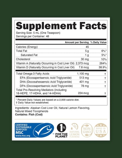 [BRSW2GALPJYBUEIY] STEWARD - Wild-Caught Alaskan Liquid Cod Liver Oil 8 oz. | Omega-3's EPA, DHA, DPA and SPMs + Natural Vitamins A & D