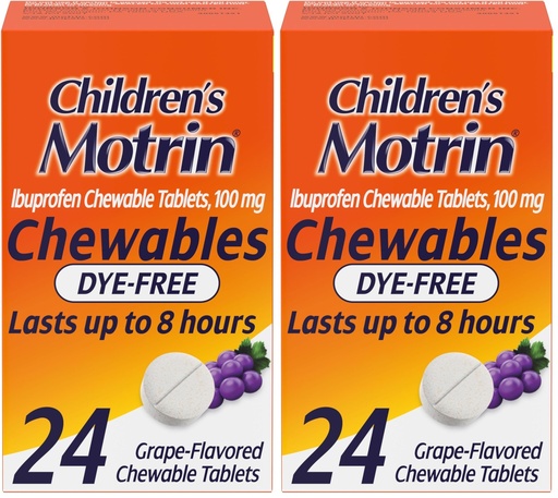 [BRSRAY3ROAHRMGQ6] Motrin Children's Dye-Free Chewable Tablets with Ibuprofen, Kids' Fever Reducer & Pain Reliever for Sore Throat, Fever, Toothache & Pain Relief, Grape Flavor, 24 Count (Pack of 2)