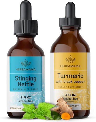 [BRSRAGA5PNYAADYY] HERBAMAMA Herbal Liquid Drops Kit - Bundle of Stinging Nettle 2 fl oz & Turmeric Curcumin Tincture 4 fl oz - Vegan, Non-GMO, Sugar & Alcohol-Free - 2 Pack