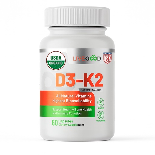 [BRSROAL2PIGR4ET2] LIVEGOOD Organic D3 K2 Supplement 2000 IU, Vegan Capsules with MK-7, Pure Vitamin D3 with K2 for Immune, and Bone Support Made in the USA Organic D3 K2 Formula (60 Count)