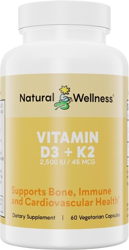 [BRSW2ZQ6DEIAAD3F] Natural Wellness Vitamin D3 + K2 - Vysoká potence Vitamin D3 2500 IU & K2 MK-7 45 mcg - Podporuje sílu kostí, zdraví srdce, imunitu a metabolismus - All- in- One Natural Vegan Supplement, 90 Kapsle