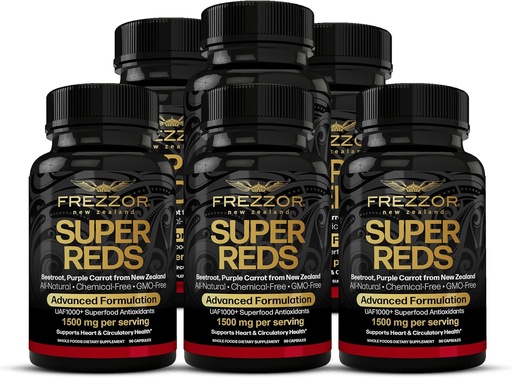 [BRSWYGD7A4CQ4CDP] FREZZOR Super Reds kapsulak UAF1000+, Zeelanda Berriko Superelikagaien energia, fruta gorri esentzialak Veggies & Beets, Antioxidatzaileak, entzimak, energia gehigarriak, 540 kapsulak, 6 botila
