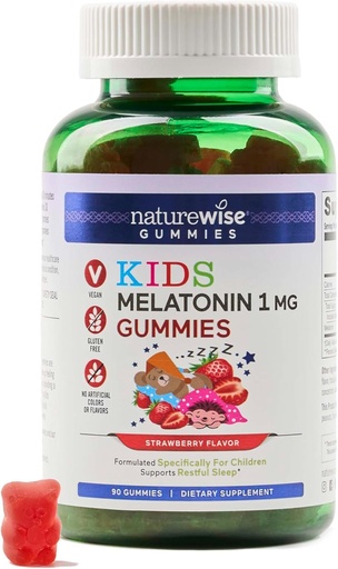 [BRSRA2T7AUGRAFL3] Naturewise Kids Melatonin Gummies 1 mg - Drug-Free, Non-Habit Forming Sleep Aid for Children Ages 4 & Up - Strawberry Flavored Gummy Bears - Vegan, Gluten Free, Non-GMO - 90 Count[3-Month Supply]